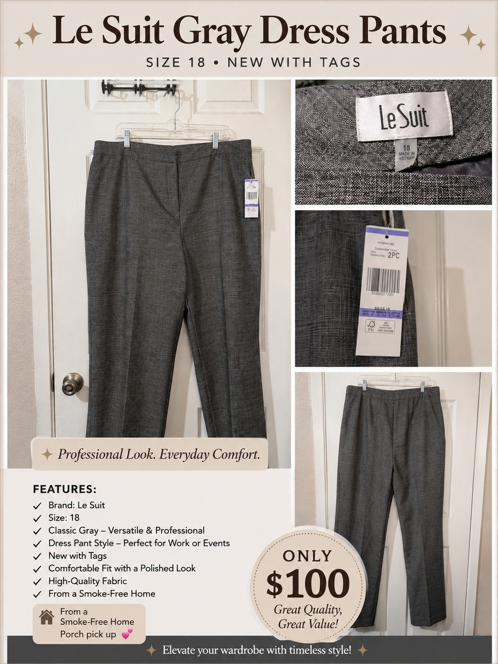 Le Suit Gray Women's Tailored Dress Pants Sz 18 NWT